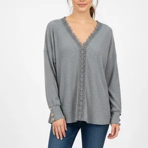 Gray Ribbed Long Sleeve Lace Trim V-Neck Button Cuff Casual‎ Top Women's L thumbnail 7