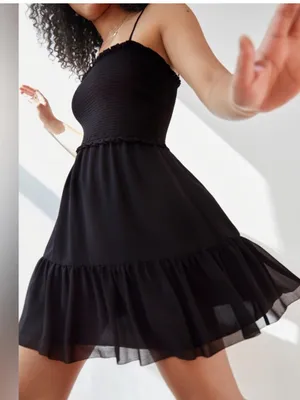Aritzia Wilfred Tempest Sleeveless Mini Dress Smocked Black Large NWT thumbnail 2