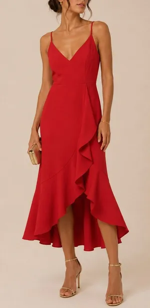 XScape Womens Asymmetrical Ruffle Midi Dress Size 4 Red Cocktail Wedding Guest Event thumbnail 1