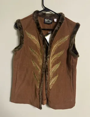 Bob Mackie Wearable Art Fleece Vest Brown Feather Embroidery Faux Fur Small New thumbnail 1
