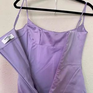 House of CB ‘Helena’ Orchid Satin Midi Dress with Feathered Trim NWOT size S thumbnail 13