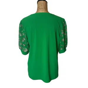 CeCe Kelly Green Floral Puff Sleeve Blouse‎ Crepe Business Casual Size Large thumbnail 3