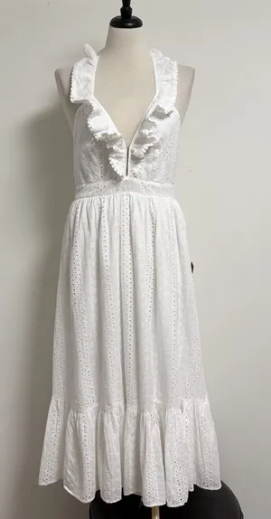 Lulus White Eyelet Halter Ruffle V Neck Ruffle Sicilian Sun Midi Dress New Large thumbnail 1