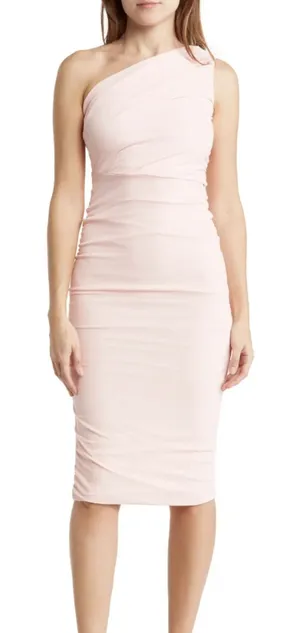 LOVE X DESIGN One‎ Shouldered Ruched Cocktail Dress Pink Small thumbnail 1