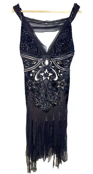 NWT Mandalay Black Silver Beaded Sequin Short Mini Evening Dress Womens Size 10 thumbnail 1