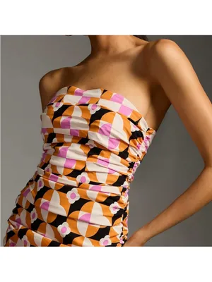 By Anthropologie Printed Strapless Slim Ruched Geometric Midi Dress thumbnail 2
