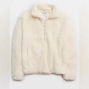 Aerie Offline Fluffy Sherpa Quarter Zip Sweatshirt in Toasted Coconut Size Small thumbnail 4