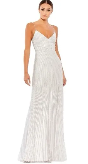 Mac Duggal 10817 Pearl White Beaded Art Deco Full Length Gown Dress Women’s US 4 thumbnail 1