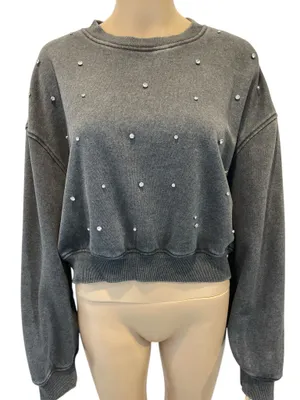 Lazy sundays Rhinestones Acid Wash Gray Cropped Sweatshirt size L thumbnail 3