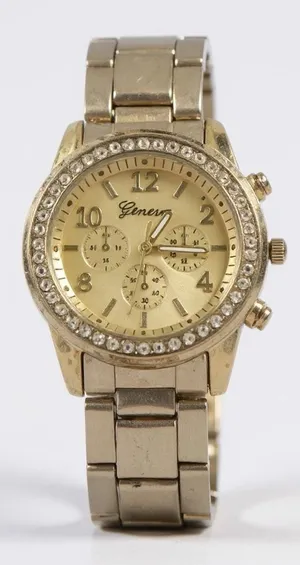 Geneva Gold Tone Rhinestone Bezel Faux‎ Chrono Quartz Analog Women's Wrist Watch thumbnail 1
