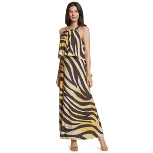 Chico's Black And Gold Zebra Print Jersey‎ Sleeveless Halter Neck Maxi Dress S thumbnail 5