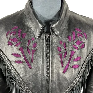 UNIK Leather Fringe‎ Biker Jacket Small Black Purple Rose Inlay Motorcycle Goth thumbnail 4