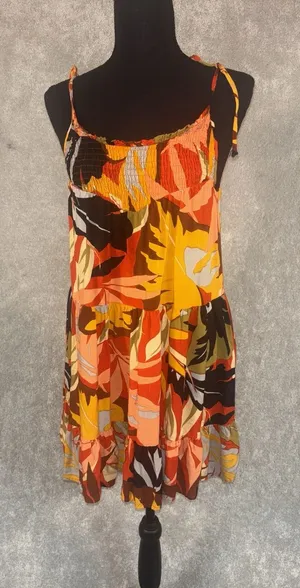 free destination tiered smocked floral tropical‎ dress tie straps xs thumbnail 1