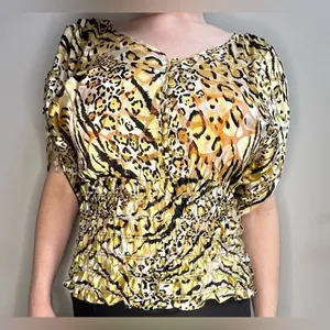 Cache Vintage 1980s Gold Cheetah Print Silk Dolman‎ Blouse Cinched Waist Women S thumbnail 1