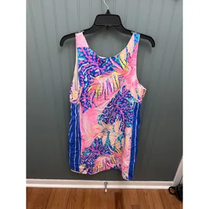 Lilly Pulitzer Women's Tank silk dress Sleeveless Blue‎ Pink Palm Print Size L thumbnail 3