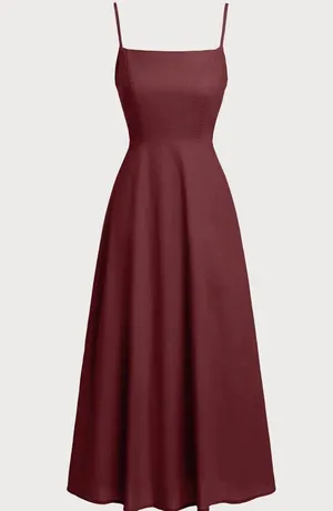 Rihoas Wine Red Square Neck Shirred Slip Midi Dress thumbnail 6