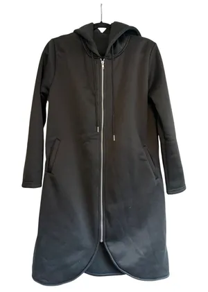 Womens Black Scuba Fleece Lined Longline Zip Up Hooded‎ Jacket Tulip Hem Size L thumbnail 1