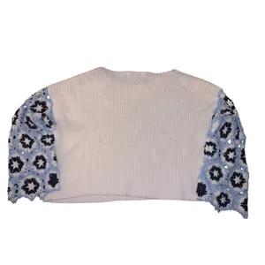 Altar'd State Granny Square Crochet Sleeve Boho Sweater XXS White‎ Blue thumbnail 3