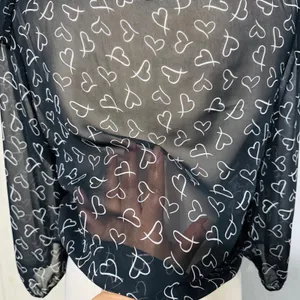 Timing Black Sheer Heart Print Ruffle Tie Front Blouse Top Women Sz L‎ Celestial thumbnail 6