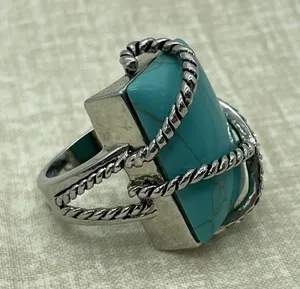 Western Boho Faux Turquoise Ring Size 8‎ Silver Tone Southwest Nautical Festival thumbnail 1