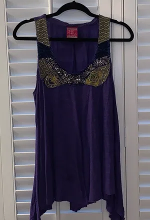 Free People Gold/Purple Embroidered Swing Top thumbnail 1