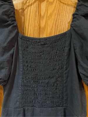Rachel Parcell Square Neck Button Front Puff Sleeve Linen Dress Dark Blue XS thumbnail 11