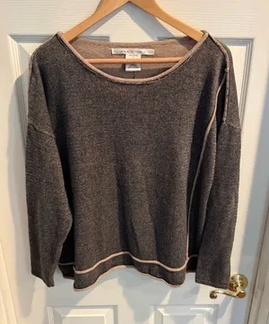 Max Studio Chocolate Brown Crewneck Sweater with Contrast Trim thumbnail 1