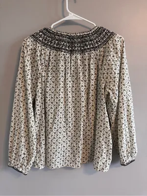Madewell XS Embroidered Boho Peasant Blouse Cream‎ Black thumbnail 3