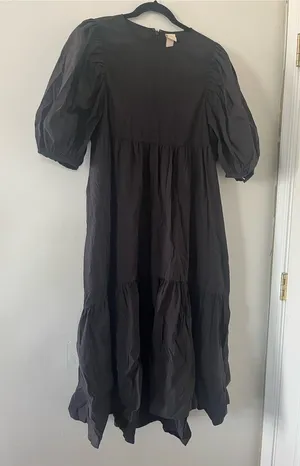 H&M Black Puff Sleeve Tiered Midi Dress Small Modest Romantic Cottagecore thumbnail 1