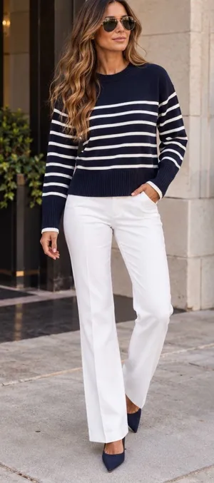 Philosophy Navy and White Striped Crewneck Sweater Size Medium thumbnail 1