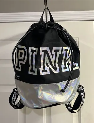 PINK Victoria's Secret Cinch Drawstring Large Back Pack Black/Silver NWOT thumbnail 1