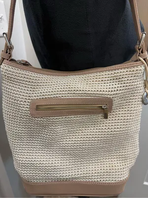 The Sak Cream Tan Crochet Shoulder Bag Top Zip Bucket Style Neutral Purse thumbnail 2