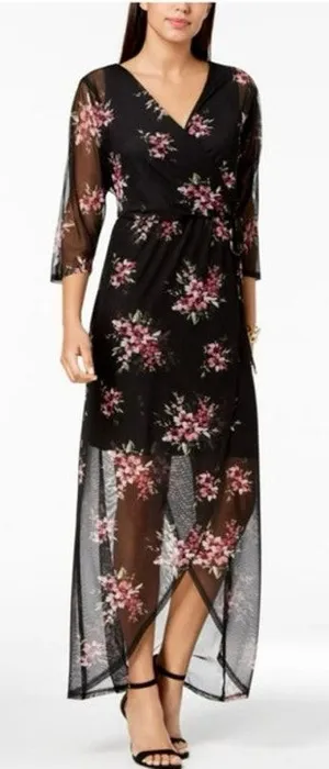 Connected Apparel Dark Romantic Floral Mesh Overlay Maxi‎ Dress Size 22W thumbnail 1