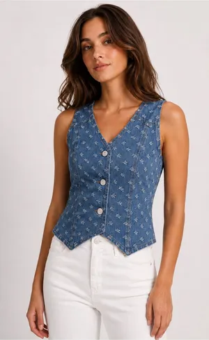 The Nu Vintage Denim Embroidered Vest - Light Blue M thumbnail 1