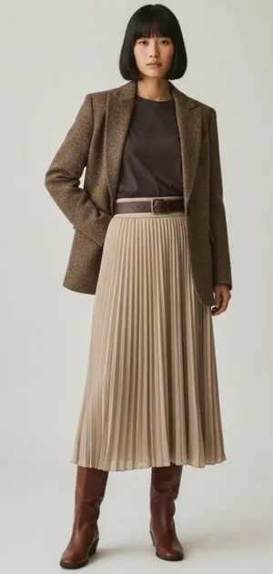 NWT Miamisty Beige Pleated Midi Maxi Skirt High Waist Preppy Fall Size M thumbnail 1