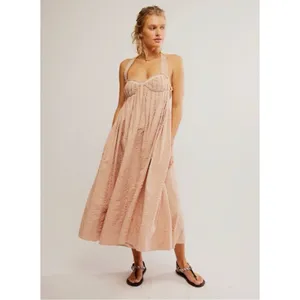 Free People Bohemian Beachy Seersucker Poppy Midi Dress Sundress Blush Medium thumbnail 3