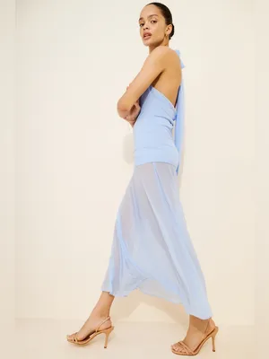Mare Mare Cowl Neck Sheer Hem Dress Blue Halter Sheer Maxi Dress Small thumbnail 3
