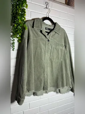 Zara Jacket Corduroy Overshirt Olive Green Women Size Large Oversized thumbnail 5