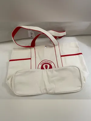 Lululemon NWT Daily Multi Pocket Canvas Tote Bag 20L Cream Red Trim thumbnail 12
