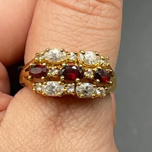 Garnet and Clear Rhinestones 14k Gold Electroplate Size 9 Ring Vtg thumbnail 2