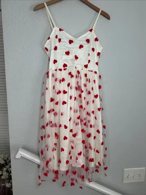 Queen of Hearts White Tulle Dress Red Velvet Heart Tulle Overlay Whimsical thumbnail 2