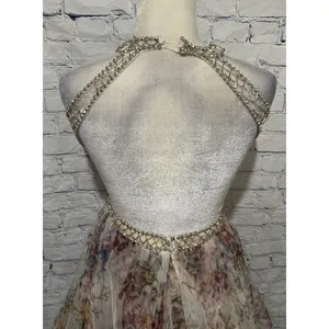 Camille La Vie beaded bodice multi layer tulle floral Halter Neck gown Size 4 thumbnail 7