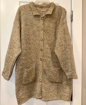 Vtg  button down collared long tan wool cardigan Large thumbnail 1