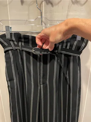 Cute classic flowy stripe paper bag waist belted pants wide leg Express office thumbnail 5