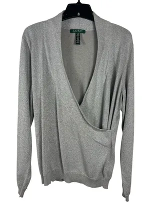 Lauren Ralph Lauren Faux Wrap Silver Shimmer Silk Blend Long Sleeve Sweater XL thumbnail 1