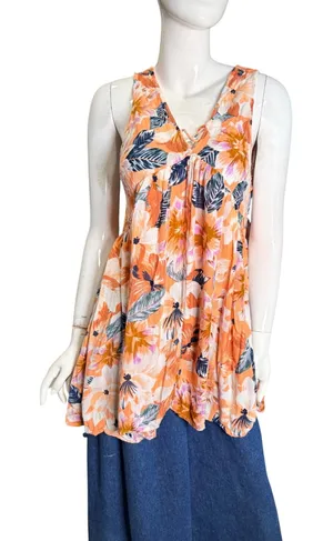 Rip Curl Orange Floral V-Neck Sleeveless Babydoll Tunic Top Medium thumbnail 1