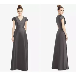 Alfred Sung D779 V-Neck Satin Cap Sleeve Pockets Cavier Gray Gown‎ Size 10 New thumbnail 2