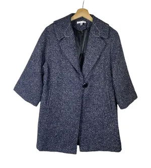 CAbi Women Blair Pea Coat Sz‎ XS Dark Blue Tweed Wool Blend Jacket Herringbone thumbnail 1