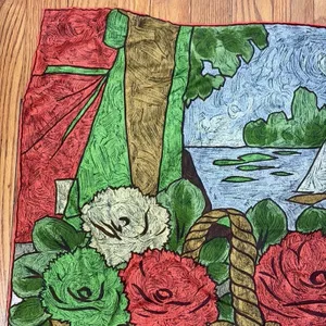 Vintage Impressionist Floral Basket‎ Sailboat Lake Scene Square Scarf Red Green thumbnail 5
