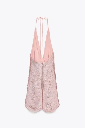Zara Sleeveless Pink Halter Fringe Bodycon Mini Evening Dress thumbnail 13